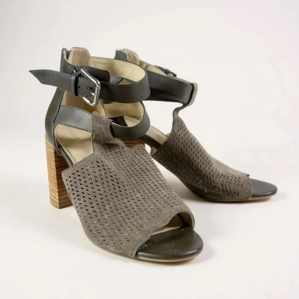 Marc Fisher Gabie Heels Grey Taupe‎ Suede Cutout Block 8.5 Summer Comfy Heels